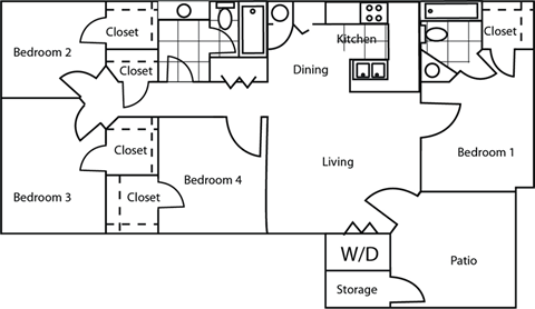 A floor plan of a house with four bedrooms, a kitchen, a dining area, a living room, a storage area, and a patio.